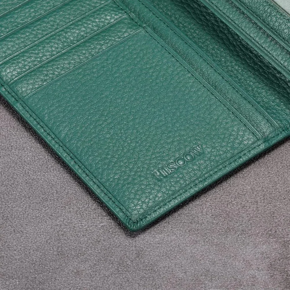 Men's Dark Green Full Grain Leather Long Bifold Wallet Credit Card Slots Style